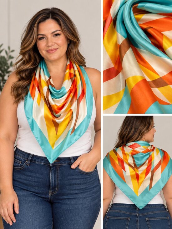 Unbranded Accessories - Scarf Silky Satin Square 35" Geometric Pattern in Turquoise, Tan, Orange, Yellow